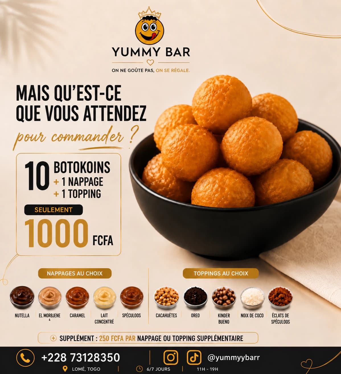 Menu Yummy Bar : 10 botokoins, un nappage et un topping à 1000 FCFA